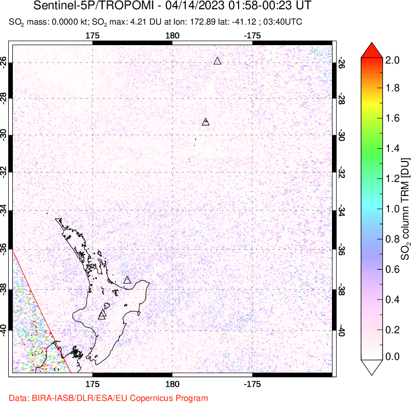 A sulfur dioxide image over New Zealand on Apr 14, 2023.