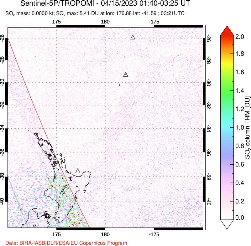 A sulfur dioxide image over New Zealand on Apr 15, 2023.