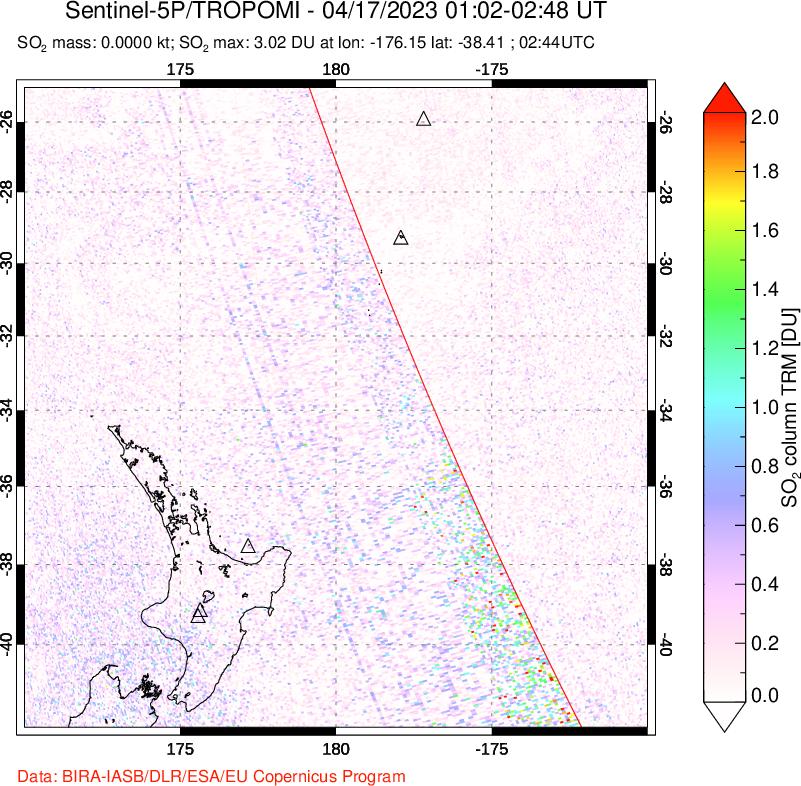 A sulfur dioxide image over New Zealand on Apr 17, 2023.