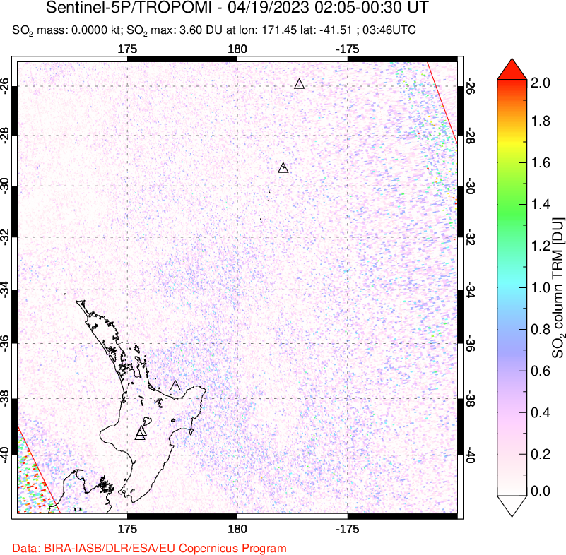 A sulfur dioxide image over New Zealand on Apr 19, 2023.