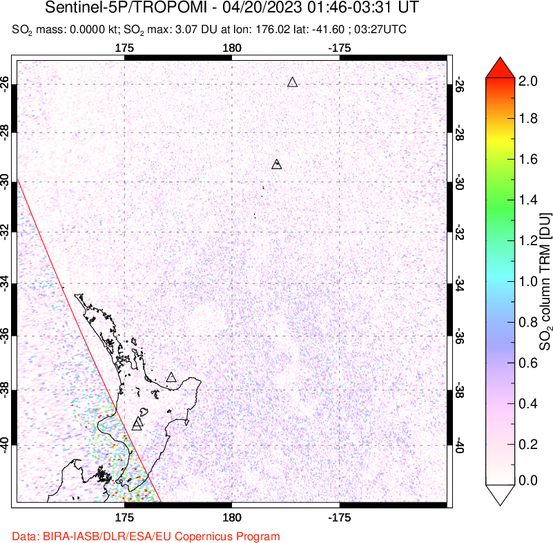 A sulfur dioxide image over New Zealand on Apr 20, 2023.