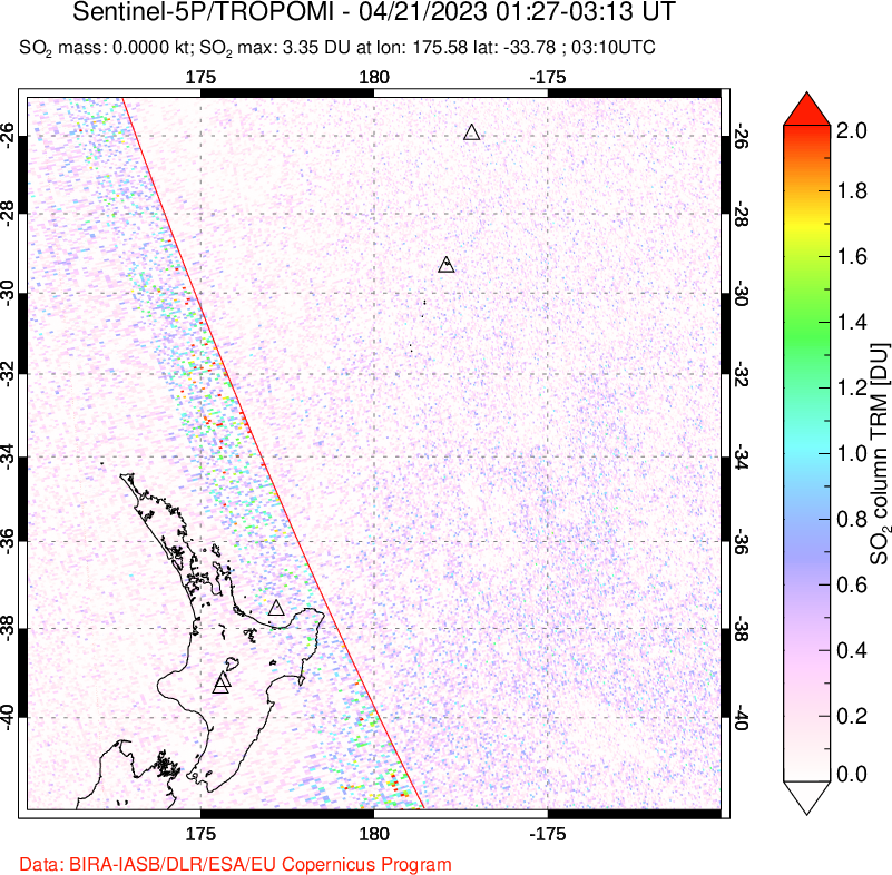 A sulfur dioxide image over New Zealand on Apr 21, 2023.