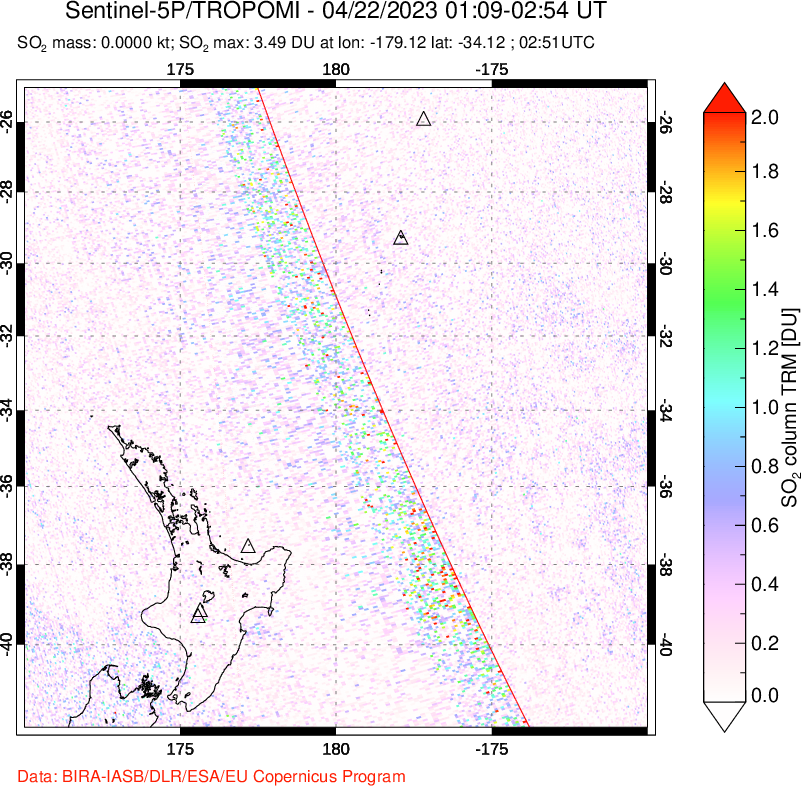 A sulfur dioxide image over New Zealand on Apr 22, 2023.