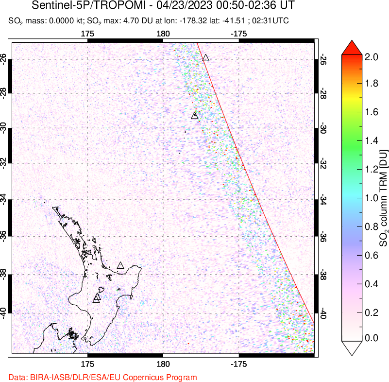 A sulfur dioxide image over New Zealand on Apr 23, 2023.