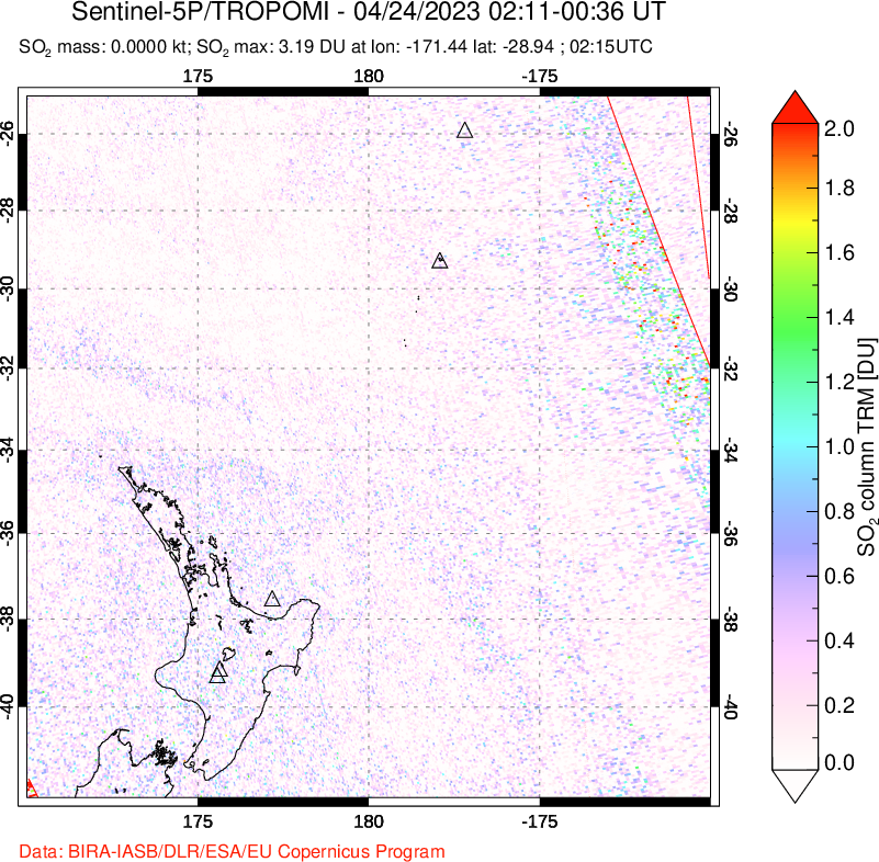 A sulfur dioxide image over New Zealand on Apr 24, 2023.