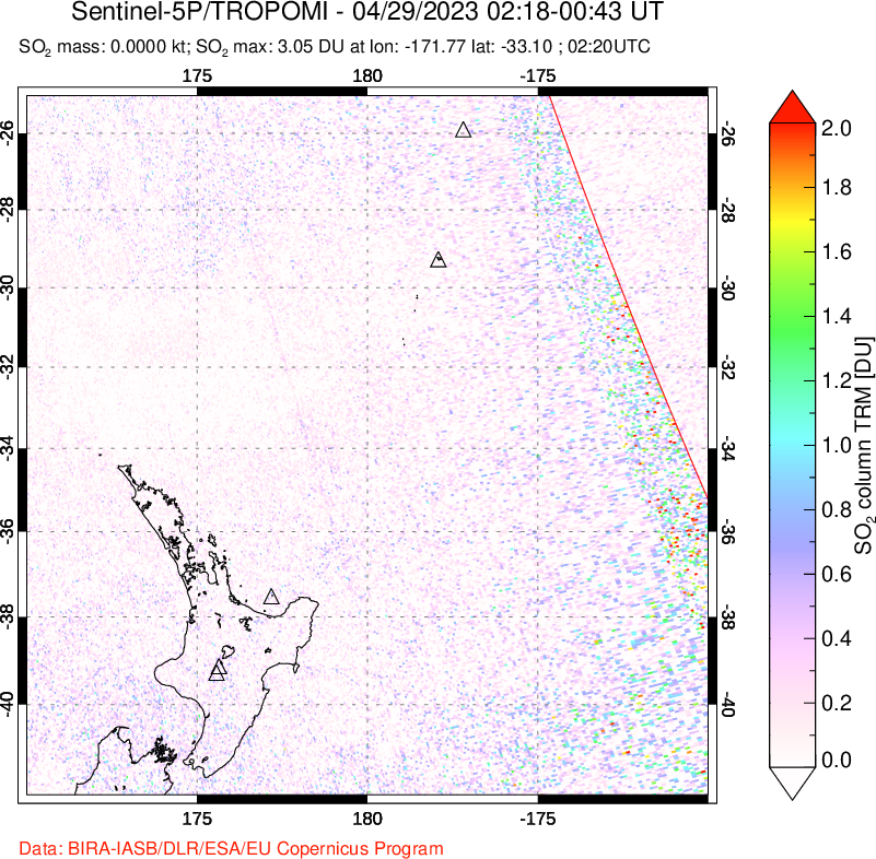 A sulfur dioxide image over New Zealand on Apr 29, 2023.