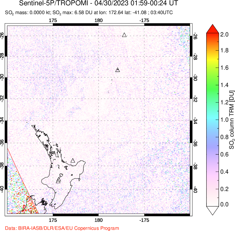 A sulfur dioxide image over New Zealand on Apr 30, 2023.