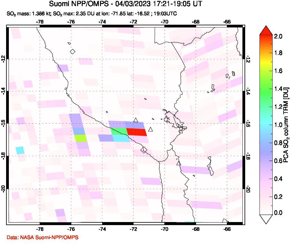 A sulfur dioxide image over Peru on Apr 03, 2023.