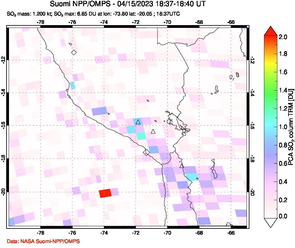 A sulfur dioxide image over Peru on Apr 15, 2023.