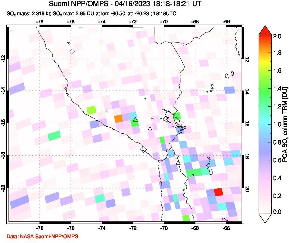 A sulfur dioxide image over Peru on Apr 16, 2023.