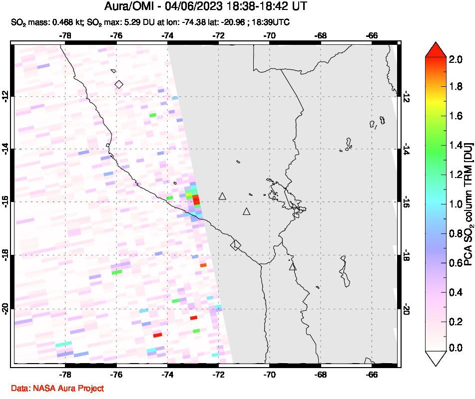 A sulfur dioxide image over Peru on Apr 06, 2023.