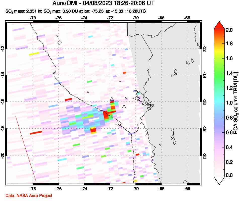A sulfur dioxide image over Peru on Apr 08, 2023.
