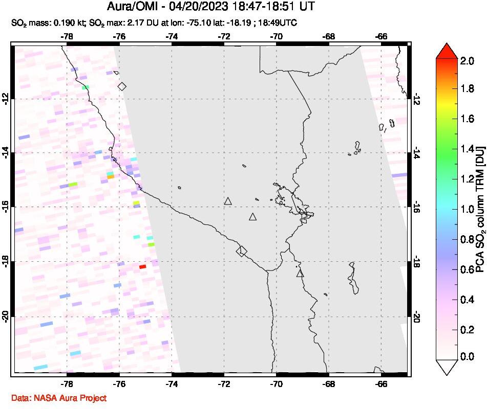 A sulfur dioxide image over Peru on Apr 20, 2023.