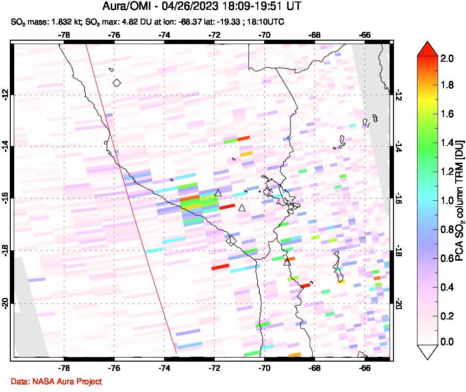 A sulfur dioxide image over Peru on Apr 26, 2023.