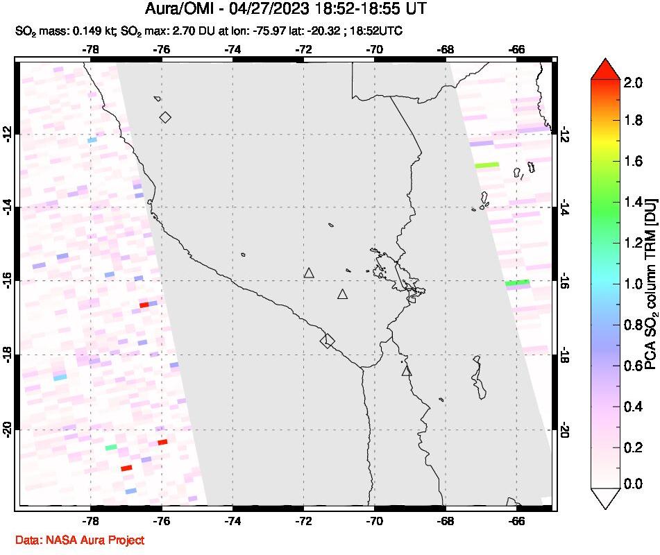 A sulfur dioxide image over Peru on Apr 27, 2023.