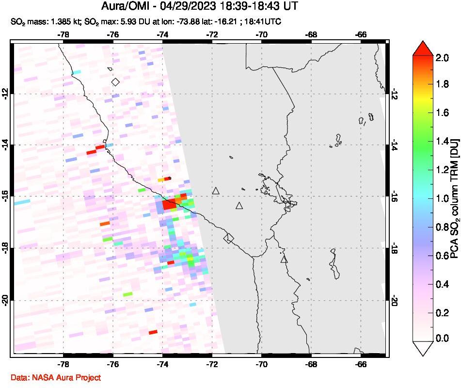 A sulfur dioxide image over Peru on Apr 29, 2023.