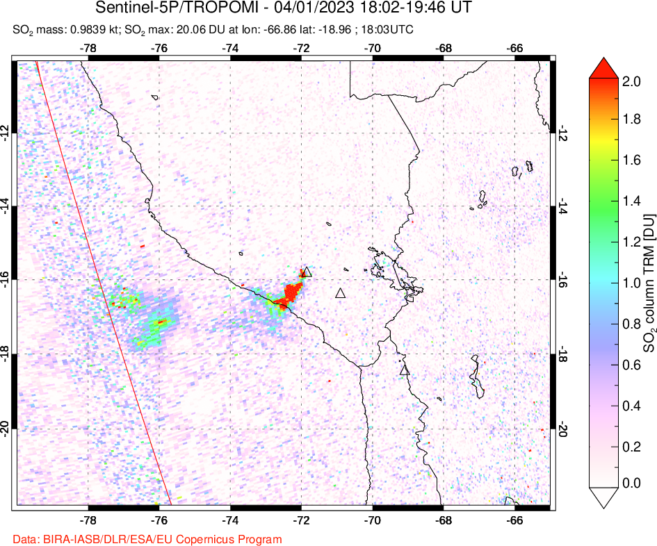 A sulfur dioxide image over Peru on Apr 01, 2023.