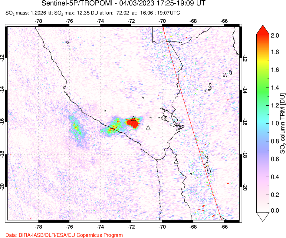 A sulfur dioxide image over Peru on Apr 03, 2023.