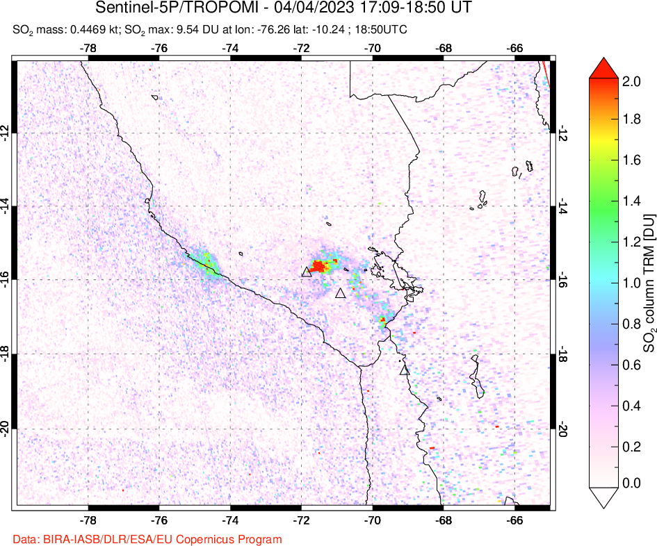 A sulfur dioxide image over Peru on Apr 04, 2023.