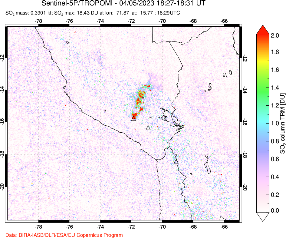 A sulfur dioxide image over Peru on Apr 05, 2023.
