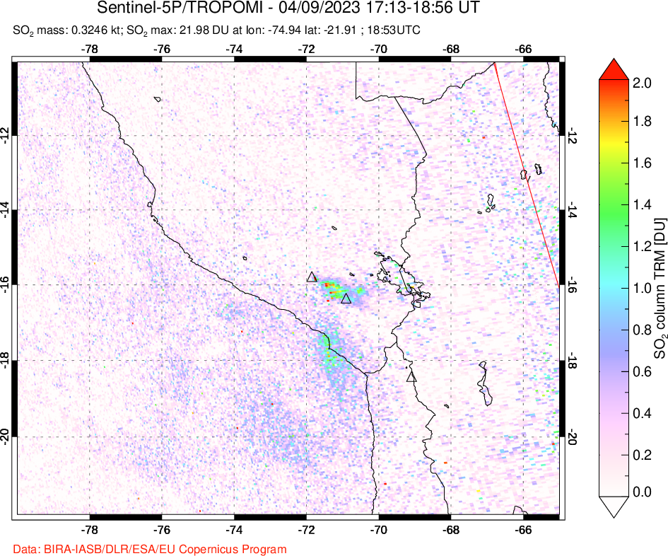 A sulfur dioxide image over Peru on Apr 09, 2023.