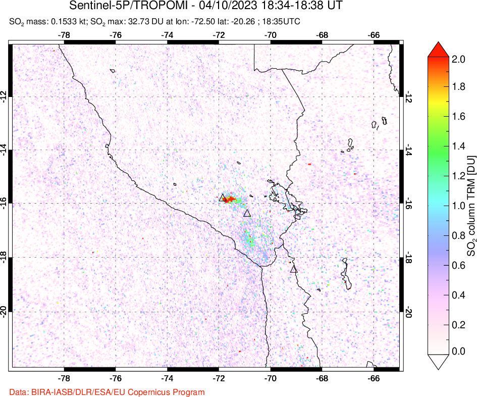 A sulfur dioxide image over Peru on Apr 10, 2023.