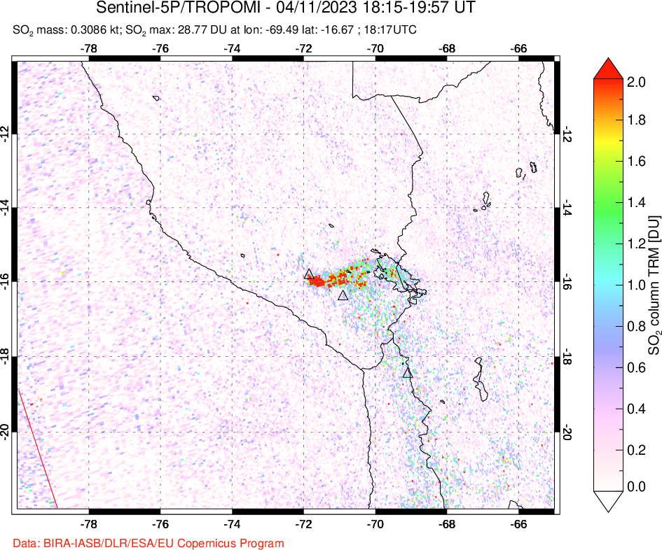 A sulfur dioxide image over Peru on Apr 11, 2023.