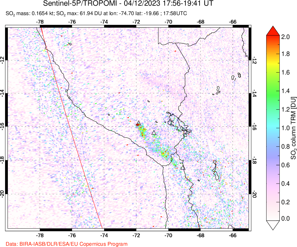 A sulfur dioxide image over Peru on Apr 12, 2023.