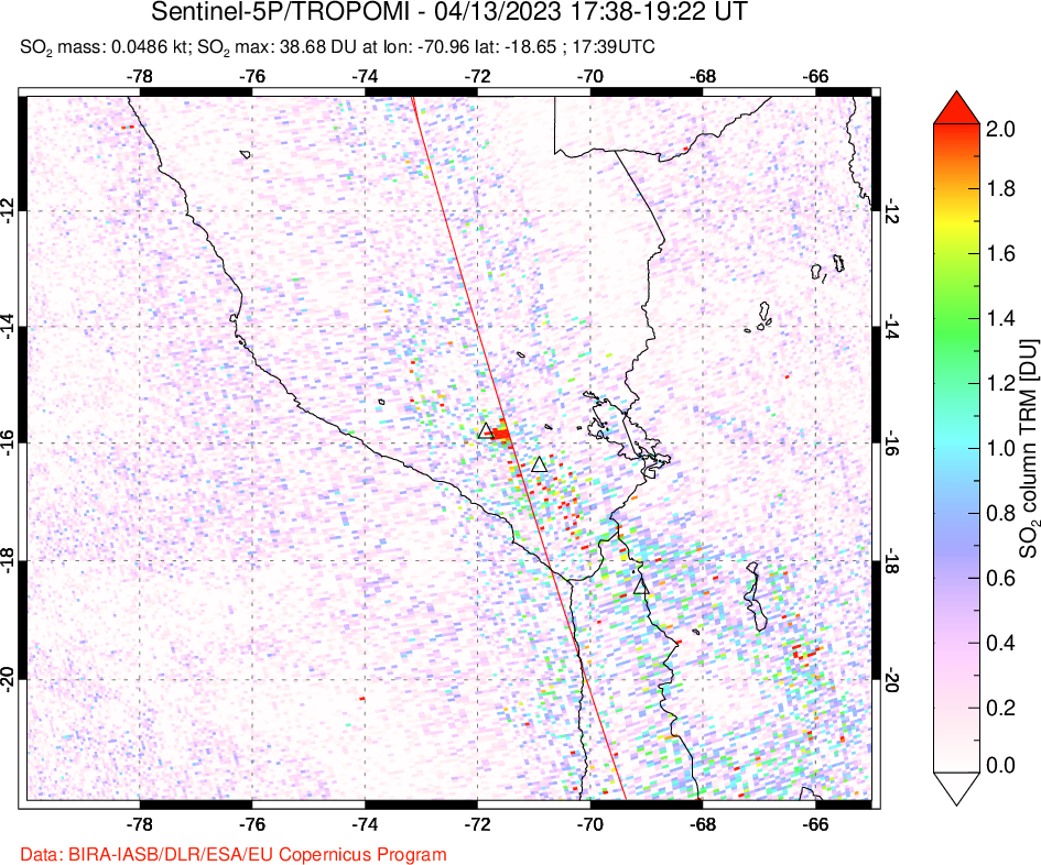 A sulfur dioxide image over Peru on Apr 13, 2023.