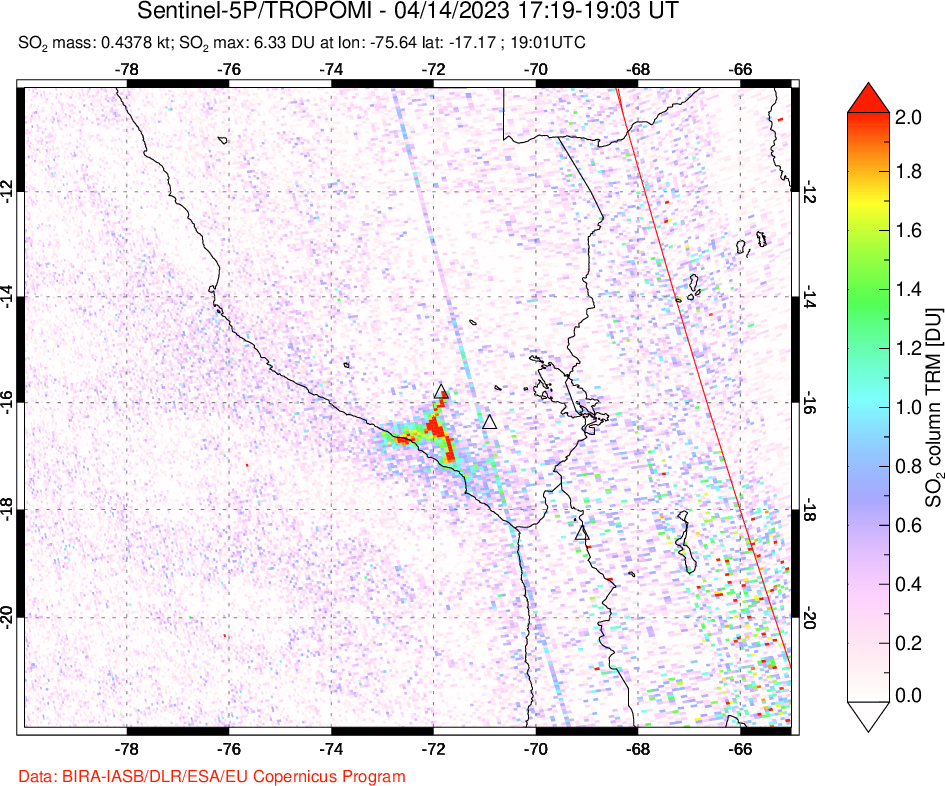 A sulfur dioxide image over Peru on Apr 14, 2023.