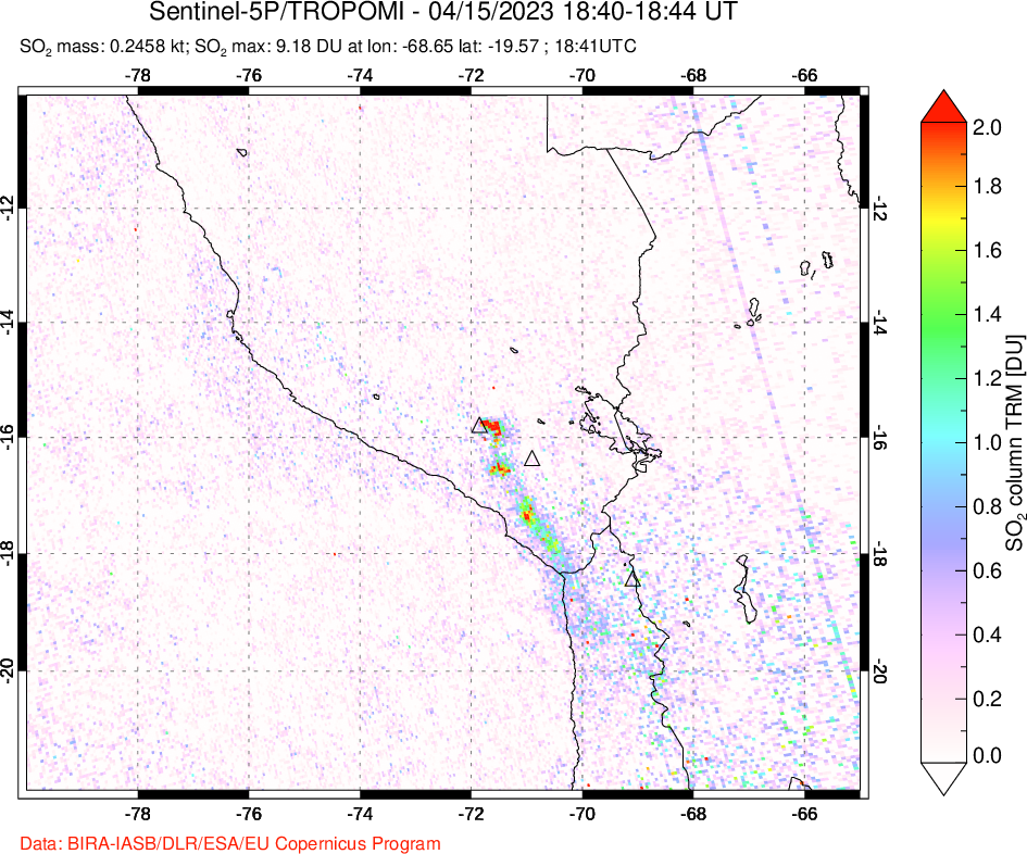 A sulfur dioxide image over Peru on Apr 15, 2023.