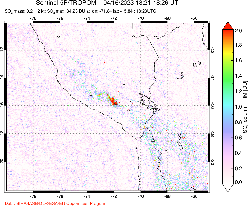 A sulfur dioxide image over Peru on Apr 16, 2023.