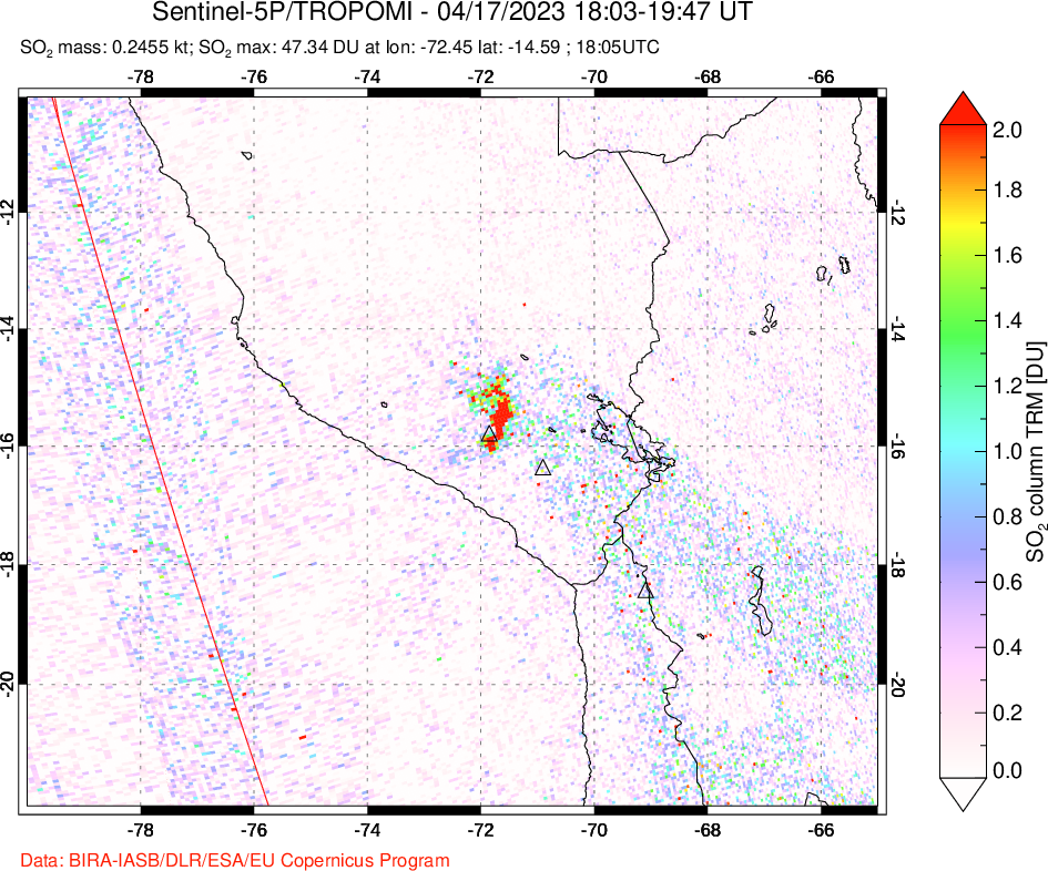 A sulfur dioxide image over Peru on Apr 17, 2023.