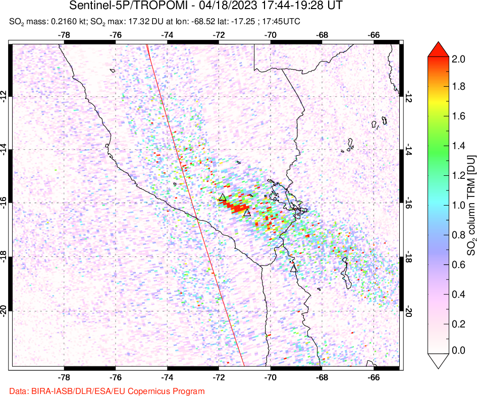 A sulfur dioxide image over Peru on Apr 18, 2023.