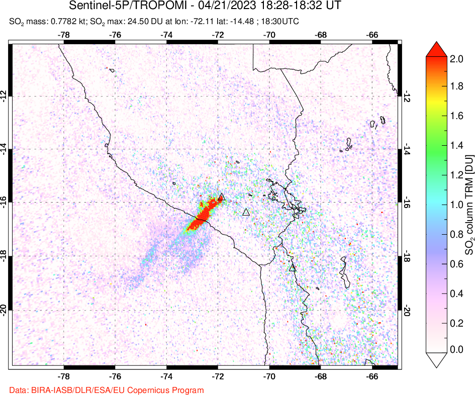 A sulfur dioxide image over Peru on Apr 21, 2023.