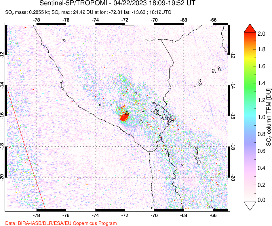 A sulfur dioxide image over Peru on Apr 22, 2023.