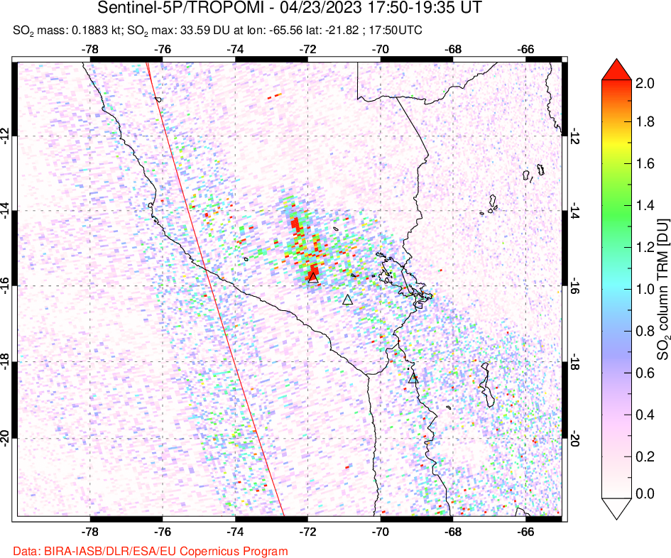 A sulfur dioxide image over Peru on Apr 23, 2023.