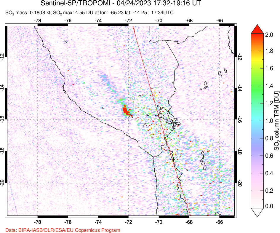 A sulfur dioxide image over Peru on Apr 24, 2023.