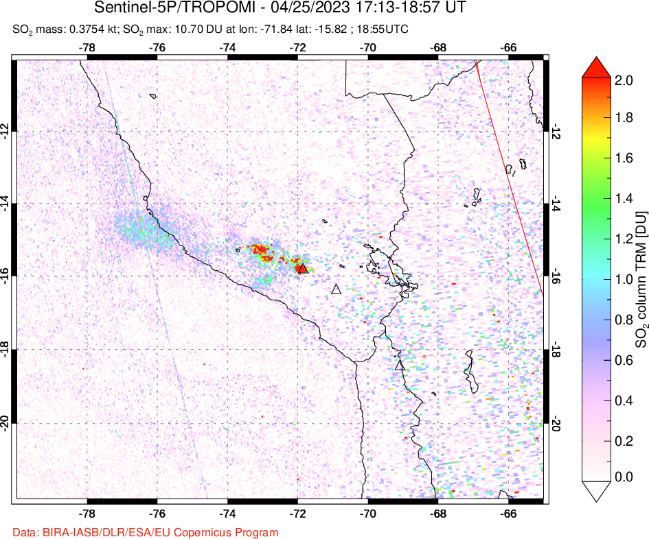 A sulfur dioxide image over Peru on Apr 25, 2023.