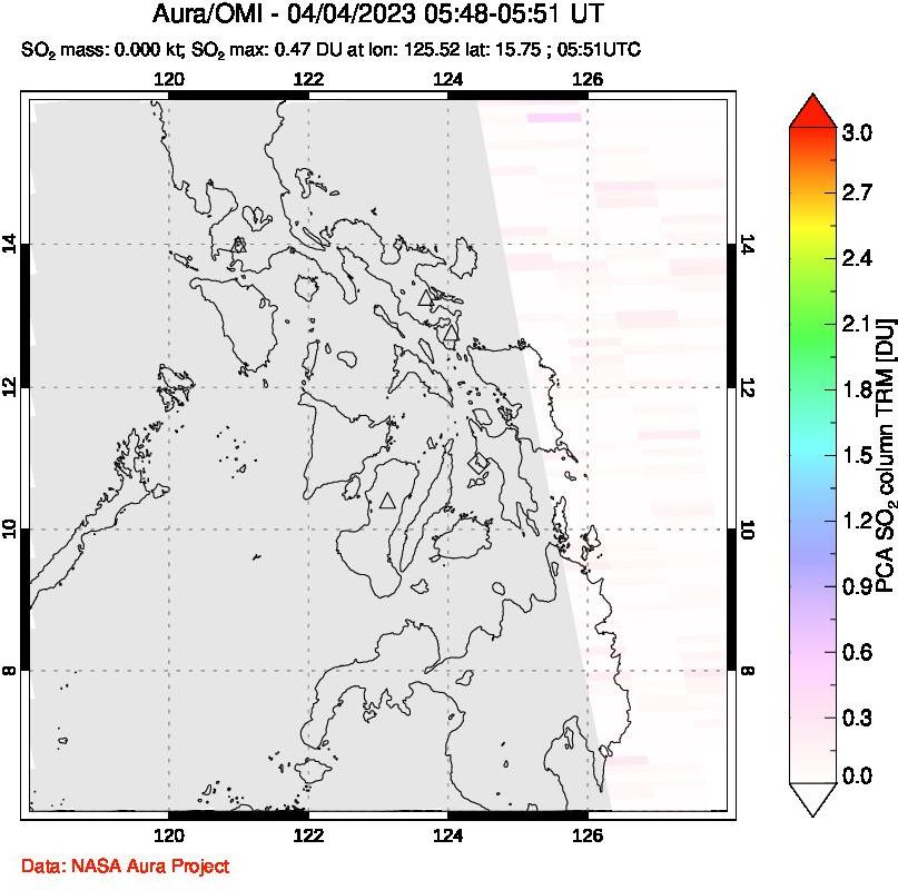 A sulfur dioxide image over Philippines on Apr 04, 2023.