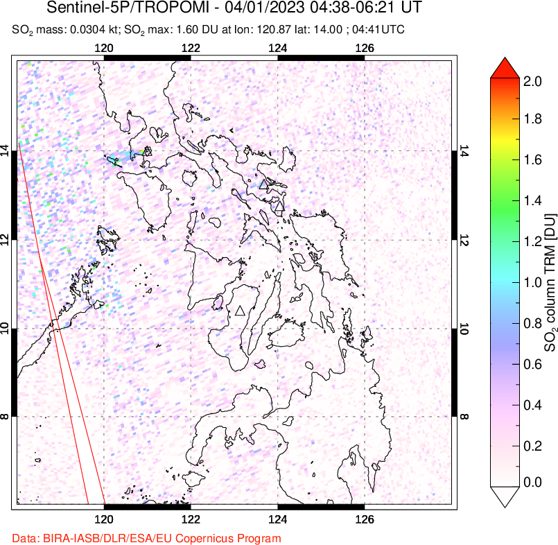 A sulfur dioxide image over Philippines on Apr 01, 2023.