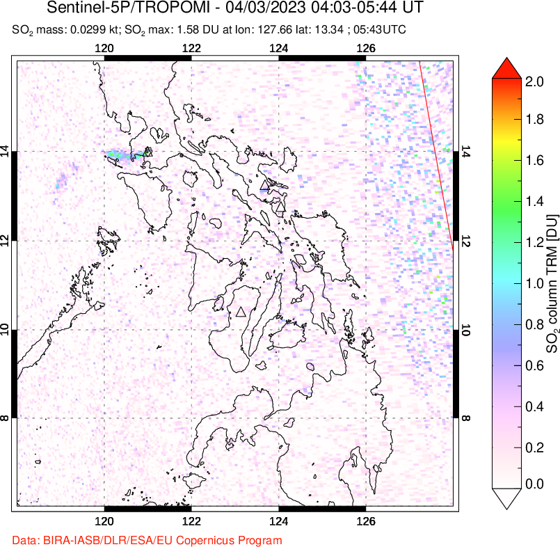 A sulfur dioxide image over Philippines on Apr 03, 2023.