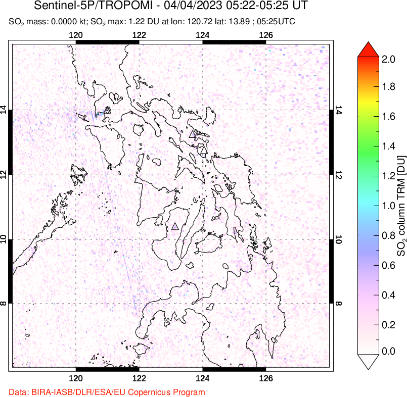 A sulfur dioxide image over Philippines on Apr 04, 2023.
