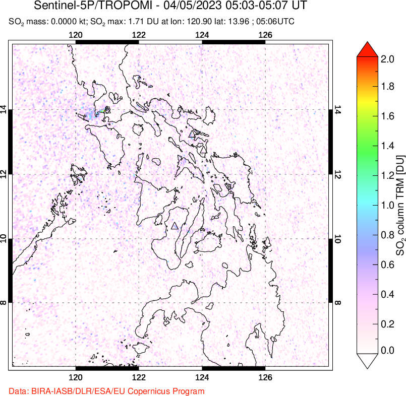 A sulfur dioxide image over Philippines on Apr 05, 2023.