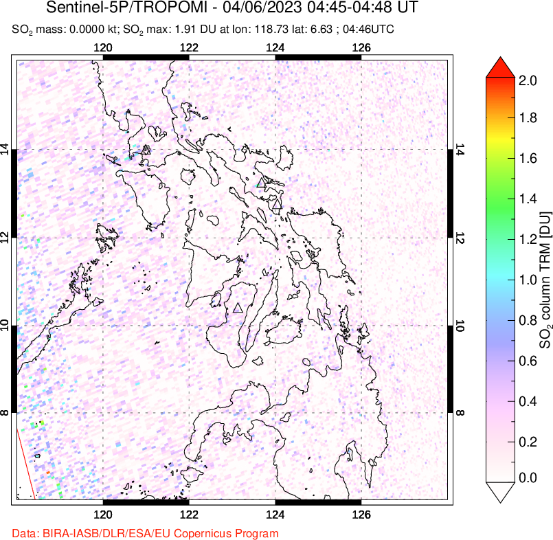 A sulfur dioxide image over Philippines on Apr 06, 2023.