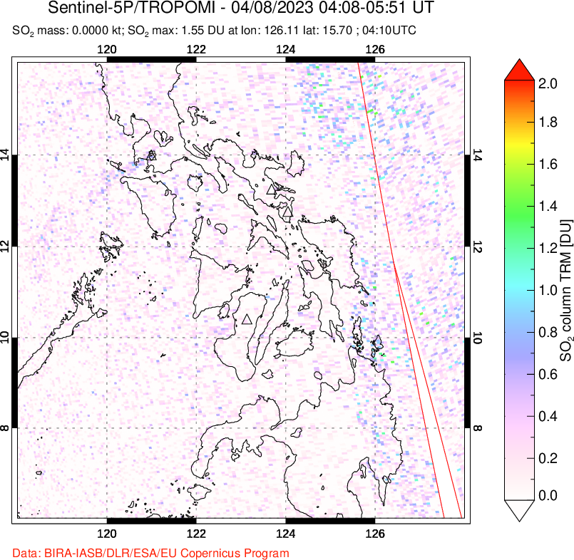 A sulfur dioxide image over Philippines on Apr 08, 2023.