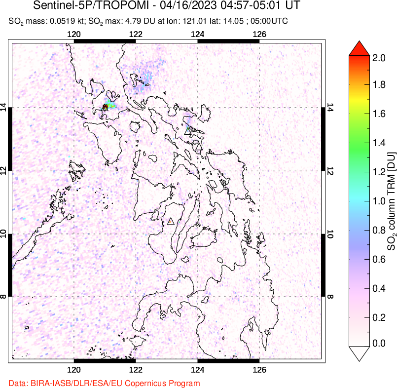 A sulfur dioxide image over Philippines on Apr 16, 2023.