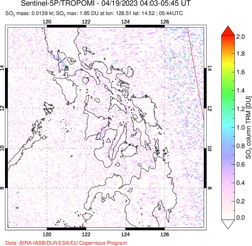 A sulfur dioxide image over Philippines on Apr 19, 2023.