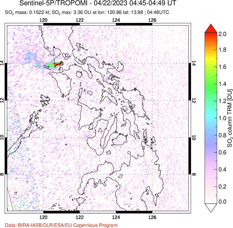 A sulfur dioxide image over Philippines on Apr 22, 2023.