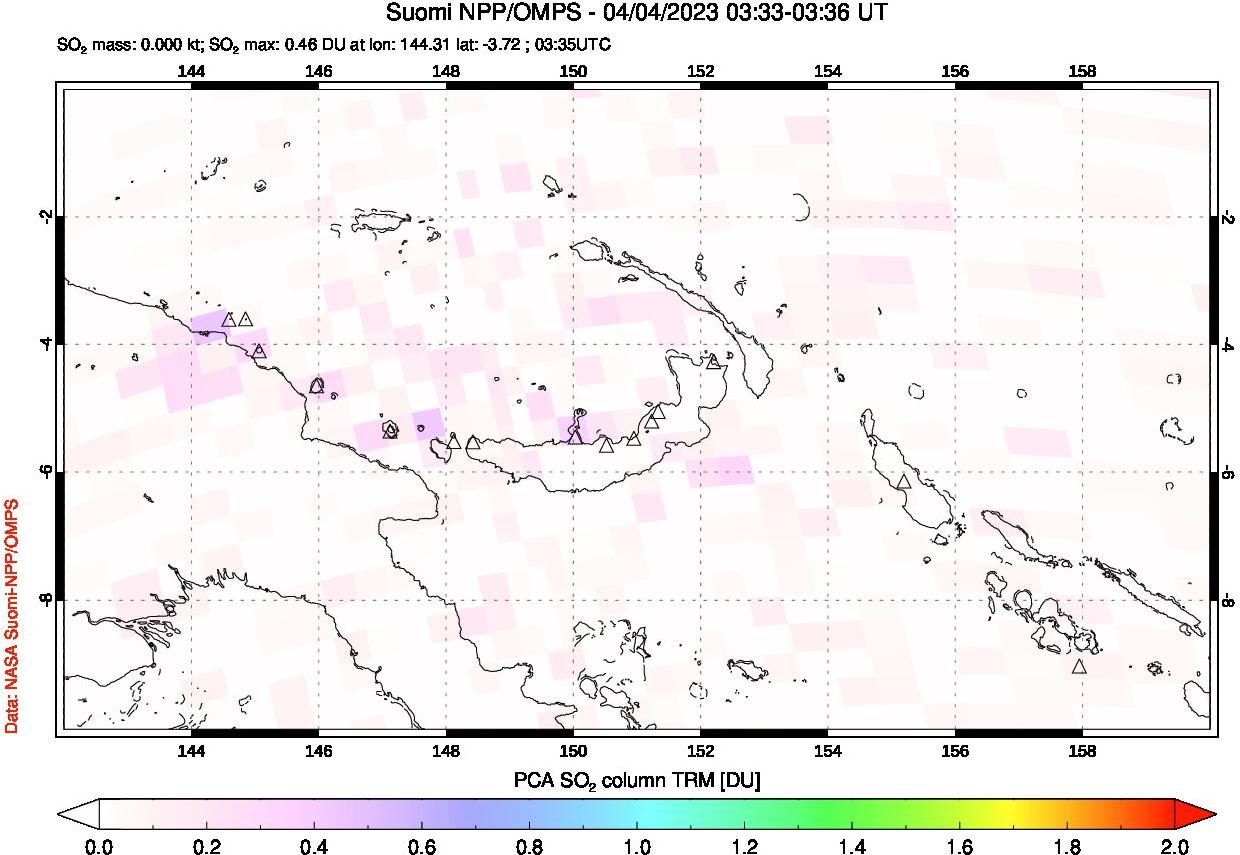 A sulfur dioxide image over Papua, New Guinea on Apr 04, 2023.